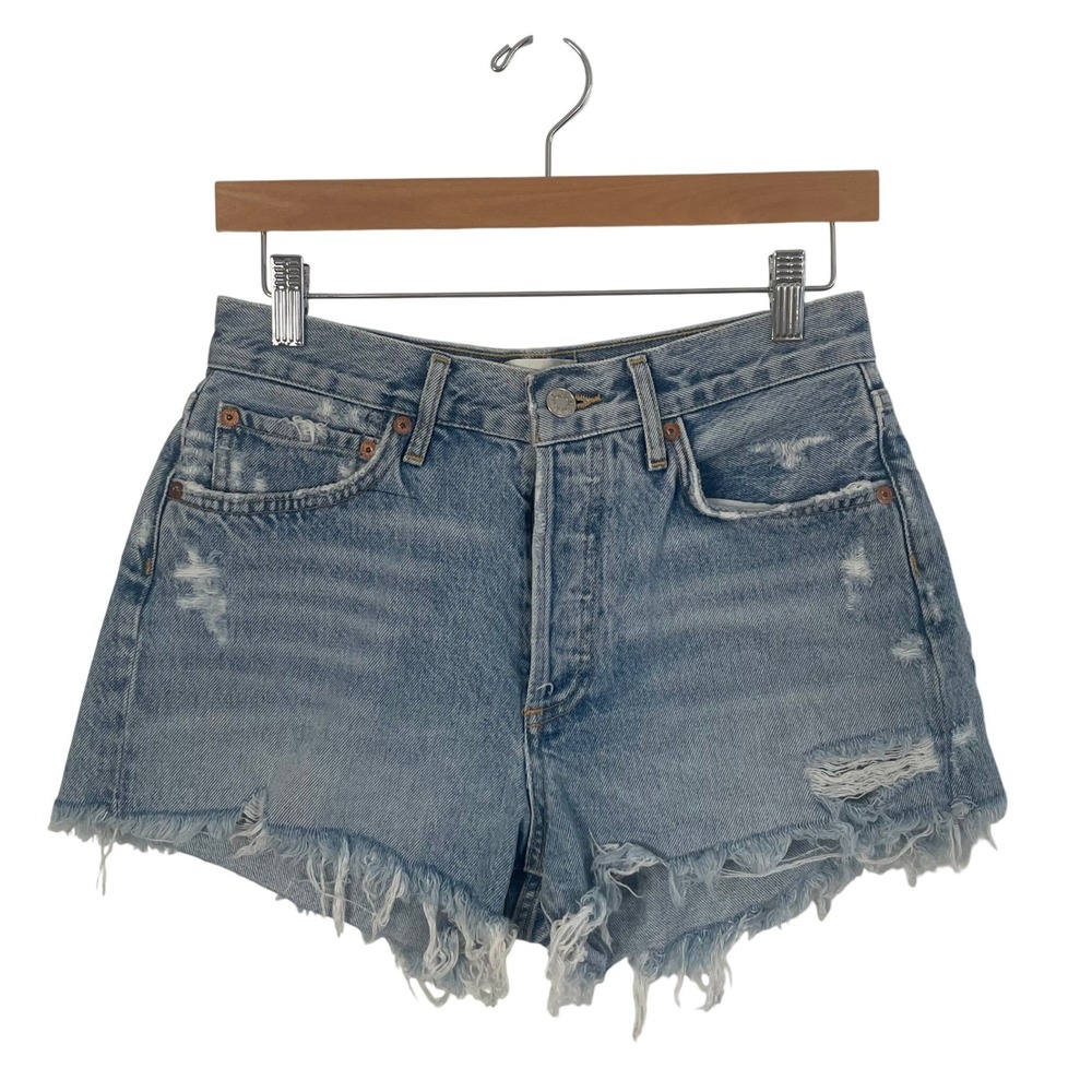 AGOLDE Parker Shorts Women‎ 25 Light Wash Blue Denim Distressed Cut Off Button